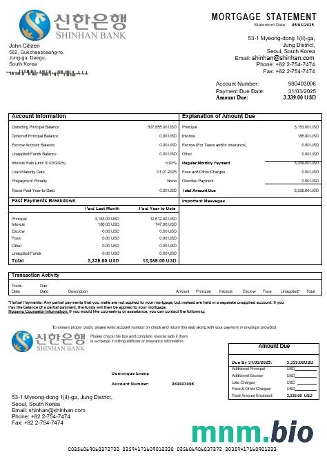 Korea Południowa Shinhan Bank wyciąg z kredytu hipotecznego w formatach Word i PDF